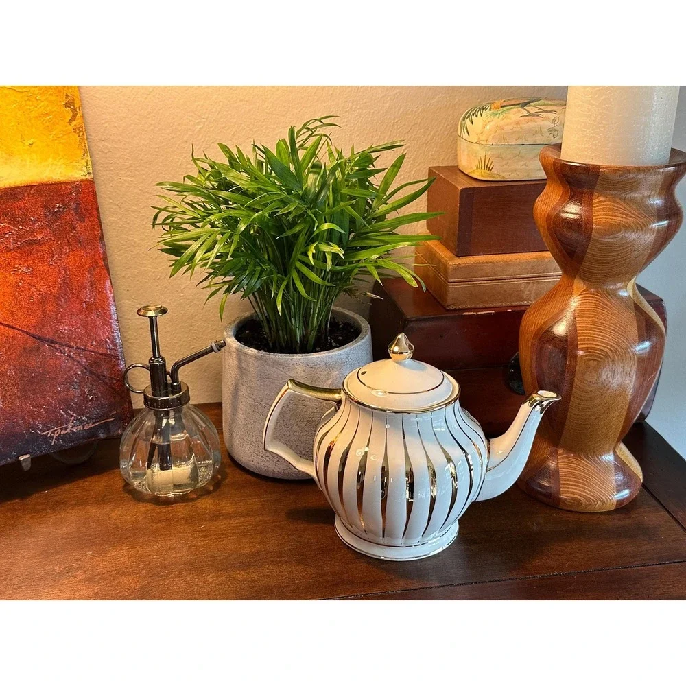 Vintage Sadler Teapot Cream Gold Striped English Porcelain Tea Pot